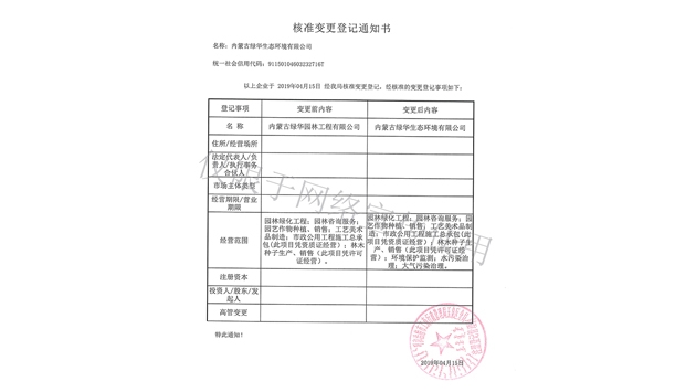 標(biāo)題：綠華生態(tài)核準(zhǔn)變更登記通知書
瀏覽次數(shù)：1887
發(fā)表時(shí)間：2019-10-26
